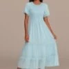 Blue Short Sleeve Round Neck Smocked Tiered Midi Dress -Women Dress Shop brld3101208 1