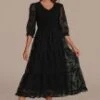 Black 3/4 Length Sleeve V Neck Smocked Midi Dress