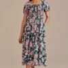 Floral Short Puff Sleeve Square Neck Smocked Tiered Midi Dress