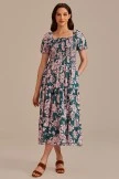 Floral Short Puff Sleeve Square Neck Smocked Tiered Midi Dress