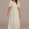 Cream Short Puff Sleeve Round Neck Tiered Midi Dress -Women Dress Shop brld3101212 1
