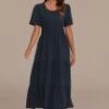 Navy Short Sleeve Round Neck Pocket Tiered Maxi Dress -Women Dress Shop brld3101214 1