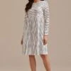 Ivory Stripe 3/4 Length Sleeve Round Neck Midi Dress -Women Dress Shop brld3101215 1