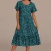 Blue Floral Short Sleeve Round Neck Tiered Midi Dress -Women Dress Shop brld3101907 1