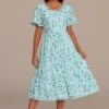 Light Blue Floral Short Sleeve Round Neck Tiered Midi Dress -Women Dress Shop brld3101908 1