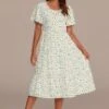 Floral Short Sleeve Round Neck Tiered Midi Dress -Women Dress Shop brld3101909 1
