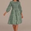Green Floral 3/4 Length Sleeve Round Neck Smocked Midi Dress -Women Dress Shop brld3101912 1