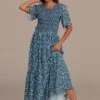 Blue Floral Short Sleeve Round Neck Smocked Maxi Dress -Women Dress Shop brld3101913 1