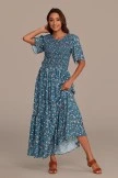 Blue Floral Short Sleeve Round Neck Smocked Maxi Dress