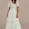 White Floral Short Sleeve V Neck Tiered Maxi Dress -Women Dress Shop brld3101915 1