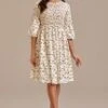 Floral 3/4 Length Sleeve Round Neck Smocked Midi Dress -Women Dress Shop brld3101917 1
