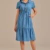 Blue Denim Collared Tie Waist Tiered Midi Dress -Women Dress Shop brld3102601 1