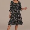 Black Floral 3/4 Sleeve Square Neck Smocked Tiered Midi Dress 1 Black Floral 3/4 Sleeve Square Neck Smocked Tiered Midi Dress -Women Dress Shop brld3102602 1