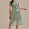 Light Olive Leaf Print Pleated Waist Tie Midi Dress -Women Dress Shop brld3102606 1