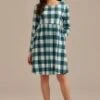 Green Plaid Long Sleeve Round Neck Midi Dress -Women Dress Shop brld3102609 1