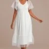 White Dot V Neck Short Ruffle Sleeve Smocked Midi Dress