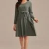 Green Knit Long Sleeve Round Neck Tie Waist Midi Dress -Women Dress Shop brld3102613 1