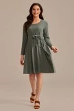 Green Knit Long Sleeve Round Neck Tie Waist Midi Dress