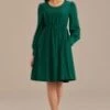 Green Long Puff Sleeve Round Neck Midi Dress -Women Dress Shop brld3102614 1