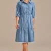 Blue Denim Long Sleeve Front Pocket Tiered Midi Dress -Women Dress Shop brld3102615 1