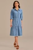 Blue Denim Long Sleeve Front Pocket Tiered Midi Dress
