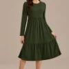 Olive 3/4 Sleeve Round Neck Tiered Midi Dress -Women Dress Shop brld3102617 1
