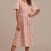 Light Pink Floral Short Ruffle Sleeve Round Neck Midi Dress -Women Dress Shop brld3102618 1 1