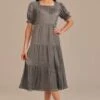 Gray Short Ruffle Sleeve Square Neck Tiered Midi Dress -Women Dress Shop brld3102619 1