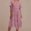Mauve Dot Short Sleeve Square Neck Smocked Tiered Ruffle Midi Dress -Women Dress Shop brld3102621 1 1