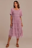 Mauve Dot Short Sleeve Square Neck Smocked Tiered Ruffle Midi Dress