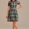 Green Plaid Short Sleeve Round Neck Button Front Midi Dress -Women Dress Shop brld3110204 1