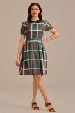 Green Plaid Short Sleeve Round Neck Button Front Midi Dress