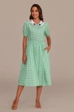 Green Plaid Short Puff Sleeve Round Neck Midi Dress