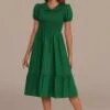 Green Short Puff Sleeve V Neck Smocked Midi Dress -Women Dress Shop brld3110207 1