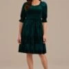 Green Short Puff Sleeve Square Neck Smocked Midi Dress -Women Dress Shop brld3110901 1