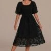Black Floral Textured Short Puff Sleeve Square Neck Smocked Tiered Midi Dress -Women Dress Shop brld3110904 1