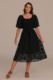 Black Floral Textured Short Puff Sleeve Square Neck Smocked Tiered Midi Dress