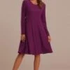 Purple Knit Long Sleeve Round Neck Midi Dress -Women Dress Shop brld3110905 1 1