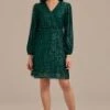 Green Sequin Long Sleeve V Neck Tie Waist Midi Dress -Women Dress Shop brld3110906 1