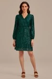 Green Sequin Long Sleeve V Neck Tie Waist Midi Dress