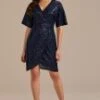 Navy Blue Sequin Half Sleeve V Neck Midi Dress -Women Dress Shop brld3110907 1