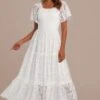 Off White Lace Square Neck Short Sleeve Smocked Tiered Maxi Dress -Women Dress Shop brld3110912 1 1