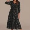 Black Palm Print Long Sleeve V Neck Smocked Midi Dress -Women Dress Shop brld3110913 1