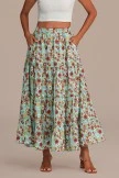 Multi Floral Elastic Waist Tiered Maxi Skirt