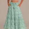 Light Olive Leaf Printed Drawstring Tiered Maxi Skirt