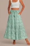 Light Olive Leaf Printed Drawstring Tiered Maxi Skirt