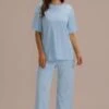 Blue Shirring Pajamas Sleep Home Loungewear Set With Pocket 2 Blue Shirring Pajamas Sleep Home Loungewear Set With Pocket -Women Dress Shop brlj001 01