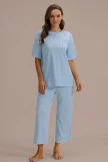 Blue Shirring Pajamas Sleep Home Loungewear Set With Pocket