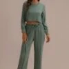 Dark Green Casual Leisure Suit Adjustable Waist Loungewear Set With Zip -Women Dress Shop brlj004 01