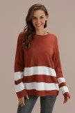 Rust Round Neck Loose Casual Block Stripe Sweater